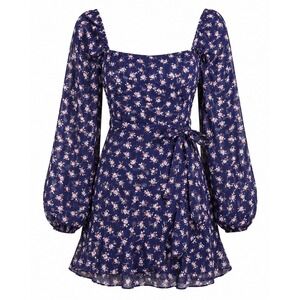 Altar'd State Floral Mini Dress Womens Medium Navy Blue Good Smocked Puff Sleeve